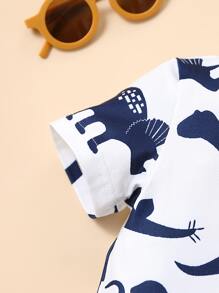 Baby Boy Dinosaur Print Patched Pocket Tee & Shorts - Blue and White - View 3