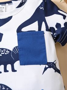 Baby Boy Dinosaur Print Patched Pocket Tee & Shorts - Blue and White - View 6