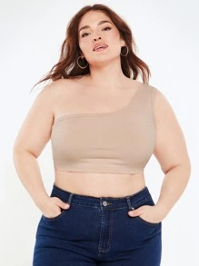 SHEIN BASICS Plus One Shoulder Crop Top - Apricot - View 4
