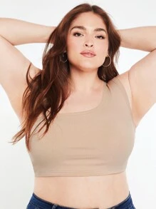 SHEIN BASICS Plus One Shoulder Crop Top - Apricot - View 5
