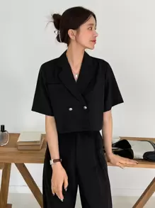 DAZY Solid Double Button Blazer & Trousers - Black - View 3