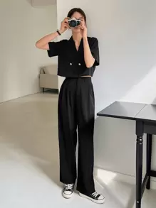 DAZY Solid Double Button Blazer & Trousers - Black - View 6