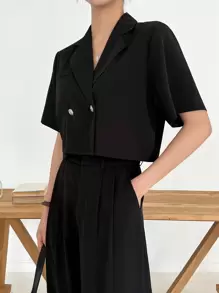 DAZY Solid Double Button Blazer & Trousers - Black - View 7