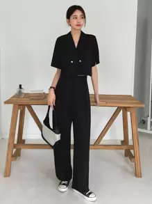 DAZY Solid Double Button Blazer & Trousers - Black - View 8