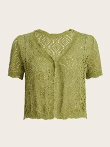 ROMWE Vacation Style Solid Color Hollow Out V-Neck Cardigan Sweater - Olive Green - View 1
