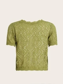 ROMWE Vacation Style Solid Color Hollow Out V-Neck Cardigan Sweater - Olive Green - View 2