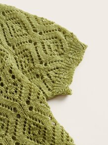 ROMWE Vacation Style Solid Color Hollow Out V-Neck Cardigan Sweater - Olive Green - View 4