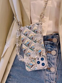 Textured Phone Case With Strap Compatible With iPhone15/15Plus/15Pro/15Promax - Silver - View 1