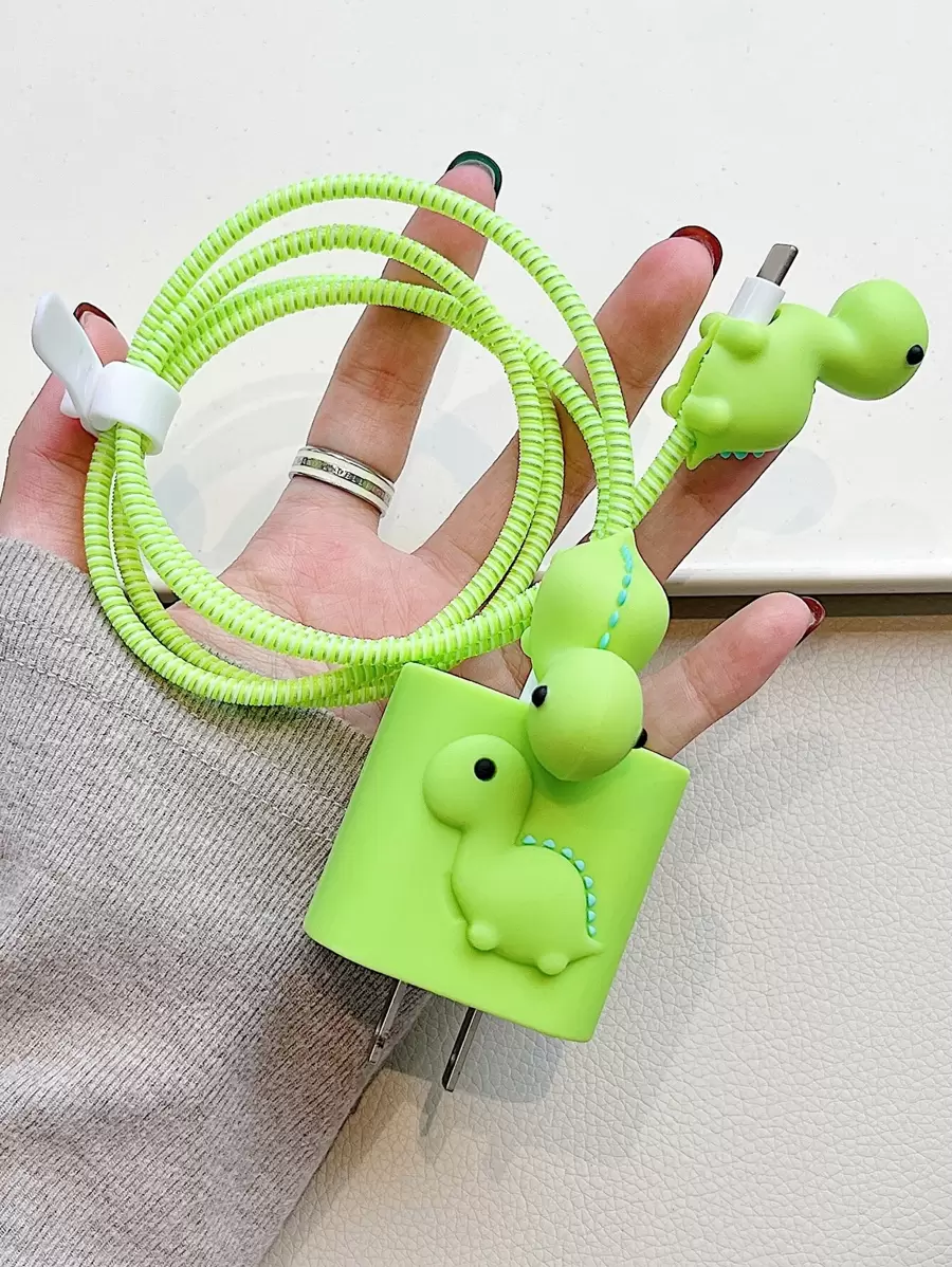可爱卡通数据线套装，包含1.5米激光绕线器、固定器和TPU充电头保护套，防止数据线断裂。兼容Apple 12/13/14款20瓦快速充电数据线。数据线保护套，充电器保护套 - 綠色 - 查看 1