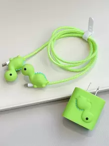 可爱卡通数据线套装，包含1.5米激光绕线器、固定器和TPU充电头保护套，防止数据线断裂。兼容Apple 12/13/14款20瓦快速充电数据线。数据线保护套，充电器保护套 - 綠色 - 查看 2