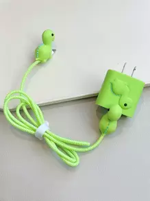 可爱卡通数据线套装，包含1.5米激光绕线器、固定器和TPU充电头保护套，防止数据线断裂。兼容Apple 12/13/14款20瓦快速充电数据线。数据线保护套，充电器保护套 - 綠色 - 查看 5