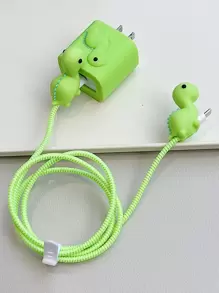 可爱卡通数据线套装，包含1.5米激光绕线器、固定器和TPU充电头保护套，防止数据线断裂。兼容Apple 12/13/14款20瓦快速充电数据线。数据线保护套，充电器保护套 - 綠色 - 查看 6