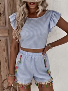 Breezaya Striped Tassel Trim Tie Backless Top & Shorts - Blue - View 5