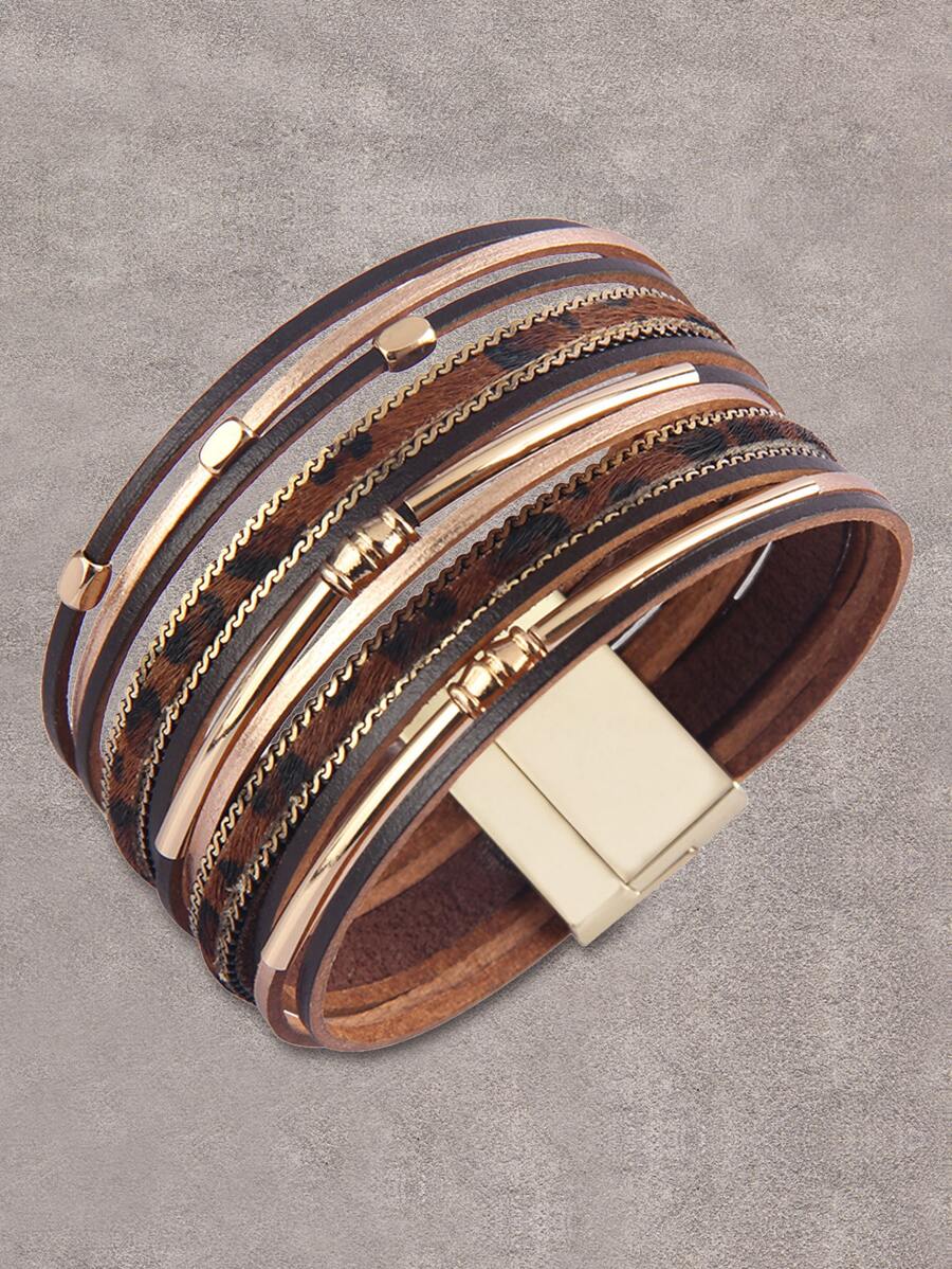 豹紋圖案分層手鏈 - 棕色 - 查看 1