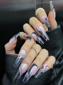 24 片长棺材波浪条纹假指甲和 1 个指甲锉和 1 片胶带按压指甲美甲用品指甲 - 彩色 - 查看 1