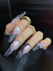 24 片长棺材波浪条纹假指甲和 1 个指甲锉和 1 片胶带按压指甲美甲用品指甲 - 彩色 - 查看 2