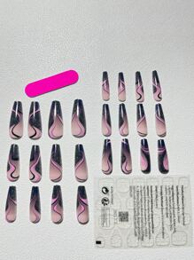 24 片长棺材波浪条纹假指甲和 1 个指甲锉和 1 片胶带按压指甲美甲用品指甲 - 彩色 - 查看 4