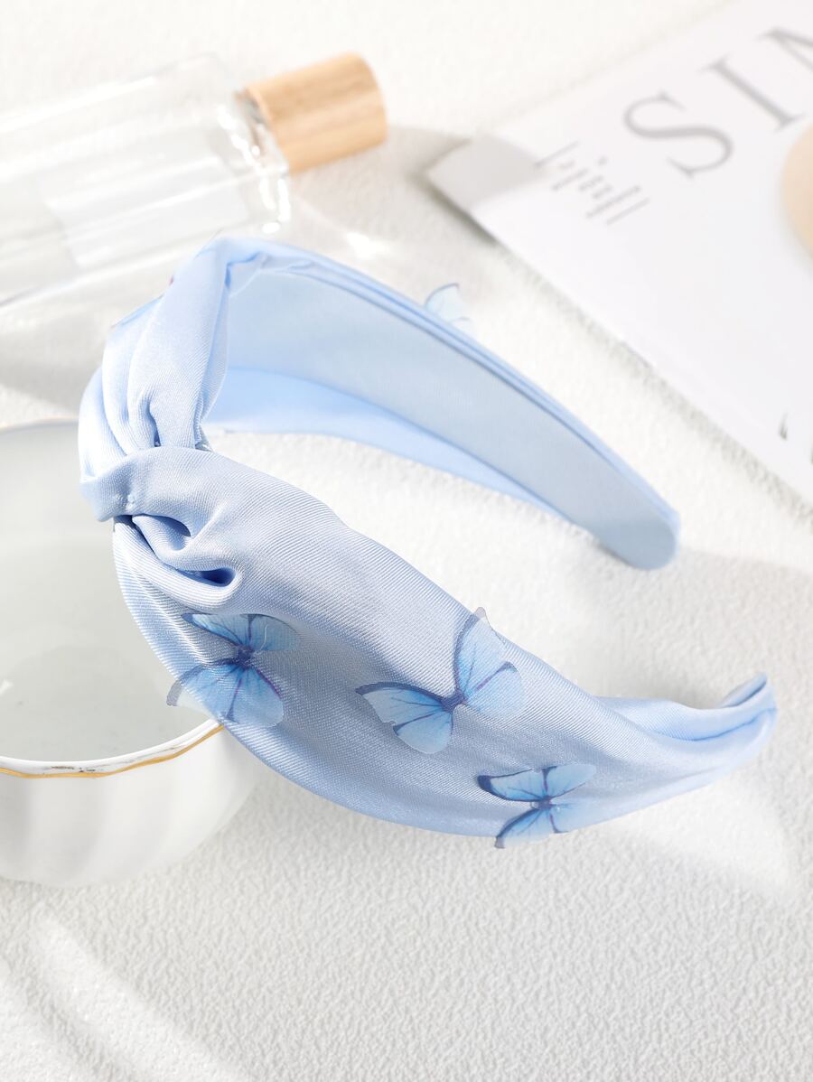 Butterfly Print Knot Decor Headband - Blue - View 1