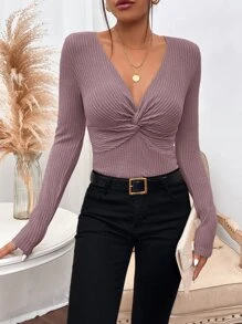 SHEIN Privé 前扭結羅紋針織T恤 - 淡紫色 - 查看 4