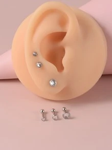 3 pares/set Pendientes de tachuela con diamante de imitación & cuenta - Plateado - Ver 1