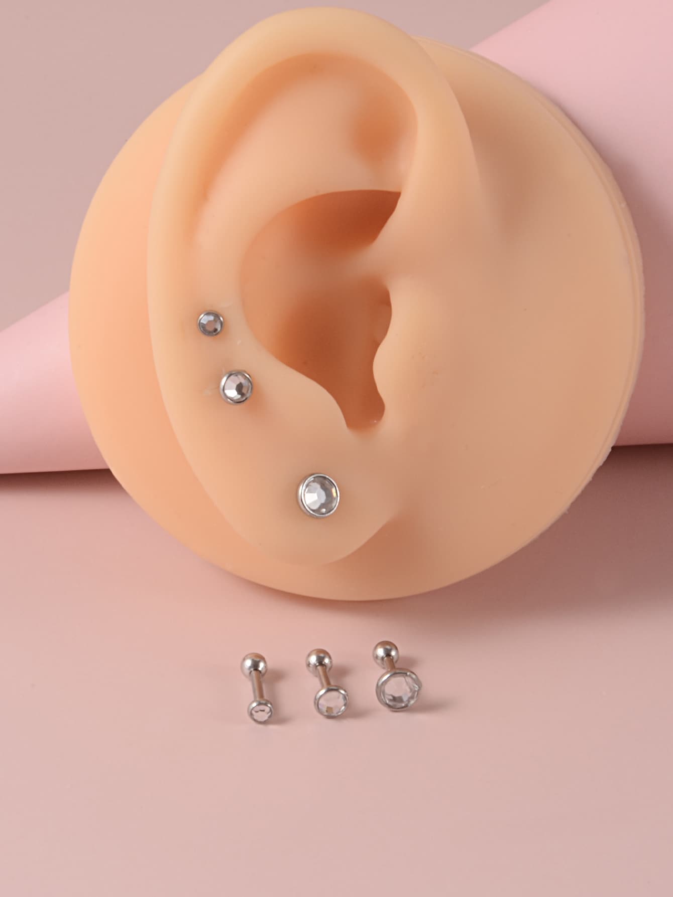 3 pares/set Pendientes de tachuela con diamante de imitación & cuenta - Plateado - Ver 1