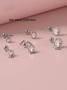 3 pares/set Pendientes de tachuela con diamante de imitación & cuenta - Plateado - Ver 3