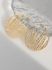 Hollow Out Leaf Decor Cuff Hoop Earrings - Yellow Gold - View 2