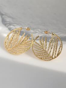 Hollow Out Leaf Decor Cuff Hoop Earrings - Yellow Gold - View 3