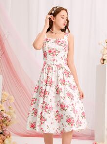 SHEIN 青少年女孩印花寬背帶上衣和腰帶半身裙