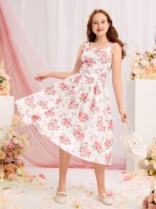 SHEIN 青少年女孩印花寬背帶上衣和腰帶半身裙