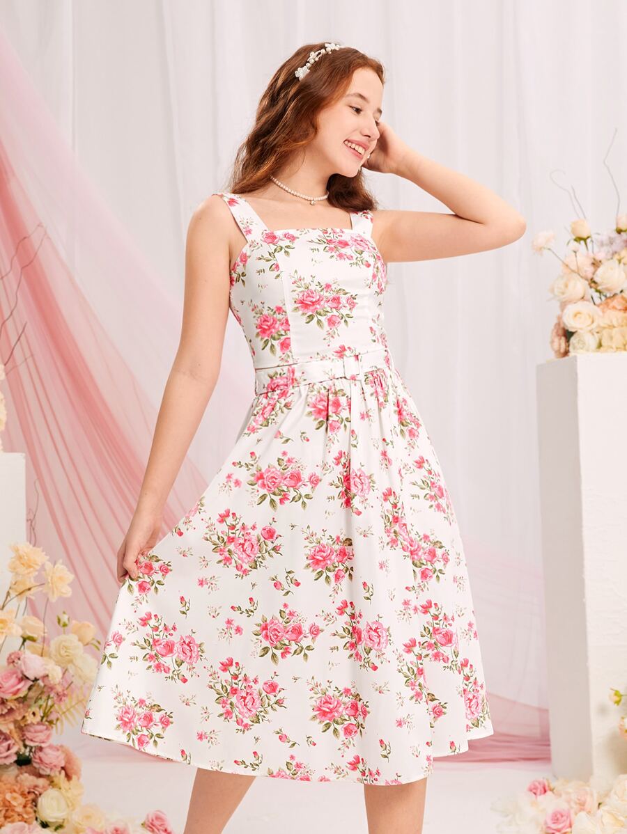 SHEIN 青少年女孩印花寬背帶上衣和腰帶半身裙