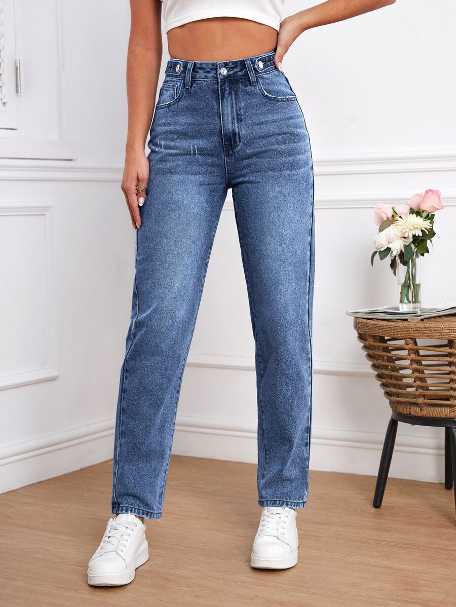 SHEIN Tall High Waist Mom Fit Jeans - Dark Wash - View 1