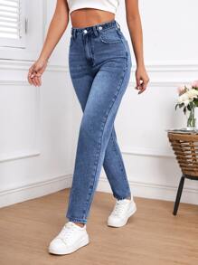 SHEIN Tall High Waist Mom Fit Jeans - Dark Wash - View 4