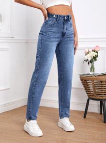 SHEIN Tall High Waist Mom Fit Jeans - Dark Wash - View 5