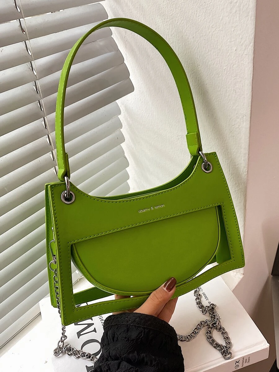 Letter Graphic Chain Bag - Green - View 1