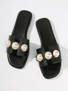 女士时尚仿珍珠装饰方头平底凉鞋情人节款 - 黑色 - 查看 2