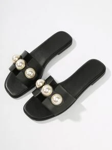 女士时尚仿珍珠装饰方头平底凉鞋情人节款 - 黑色 - 查看 3