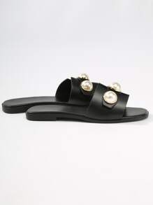 女士时尚仿珍珠装饰方头平底凉鞋情人节款 - 黑色 - 查看 4