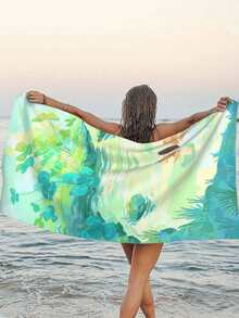 1入組葉子印花沙灘巾現代葉子和湖泊印花戶外旅行毛巾 - 綠色 - 查看 1