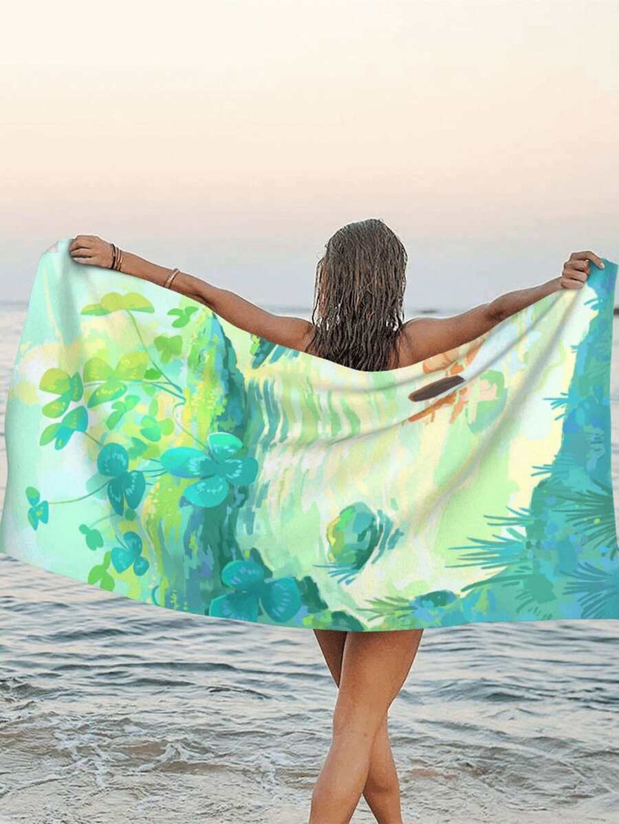 1入組葉子印花沙灘巾現代葉子和湖泊印花戶外旅行毛巾 - 綠色 - 查看 1