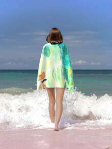 1入組葉子印花沙灘巾現代葉子和湖泊印花戶外旅行毛巾 - 綠色 - 查看 4