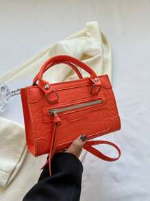 迷你熒光橙鱷魚壓紋方包 - 橘色 - 查看 1