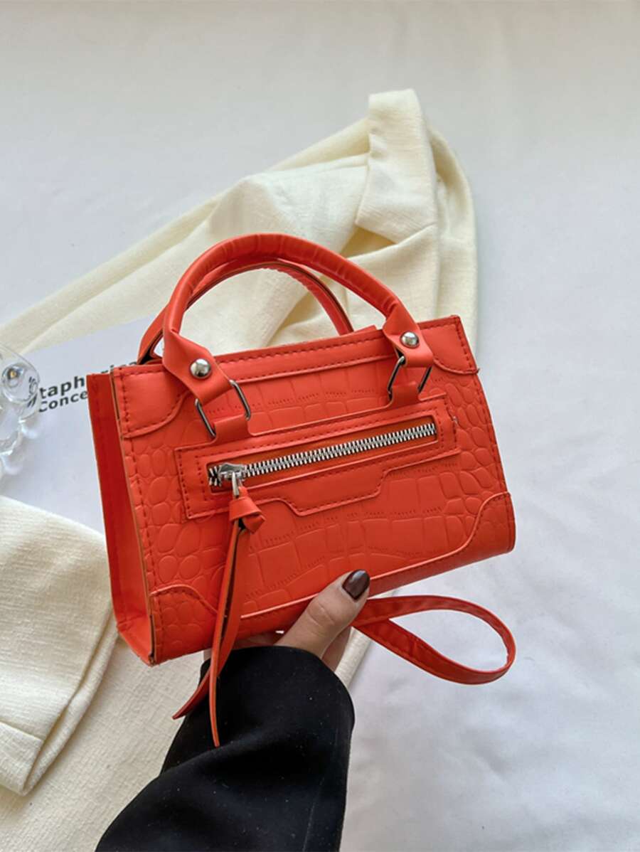 迷你熒光橙鱷魚壓紋方包 - 橘色 - 查看 1