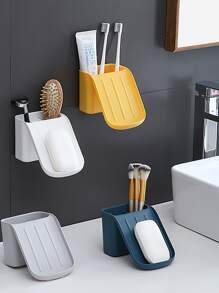 1pc Multifunction Punch-Free Plastic Storage Rack, Minimalist Yellow 2 In 1 Storage Rack For Bathroom Bathroom Accessories - Yellow - View 3