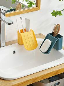 1pc Multifunction Punch-Free Plastic Storage Rack, Minimalist Yellow 2 In 1 Storage Rack For Bathroom Bathroom Accessories - Yellow - View 4