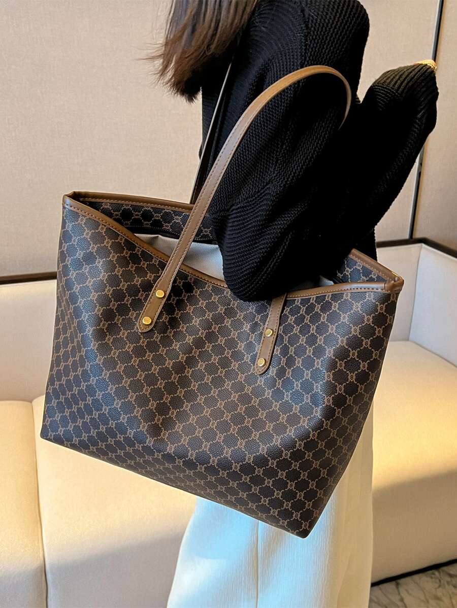 Women's Vintage Pattern Tote Bag, Large Capacity Shoulder Bag, Stylish Bag For Work - Brown - View 1