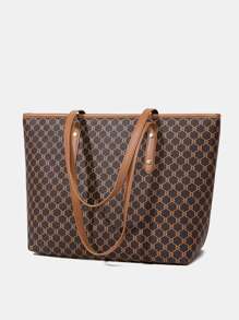 Women's Vintage Pattern Tote Bag, Large Capacity Shoulder Bag, Stylish Bag For Work - Brown - View 2