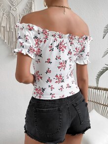 SHEIN VCAY Floral Print Off Shoulder Knot Front Tee - White - View 2