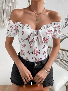 SHEIN VCAY Floral Print Off Shoulder Knot Front Tee - White - View 3