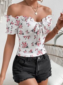 SHEIN VCAY Floral Print Off Shoulder Knot Front Tee - White - View 4